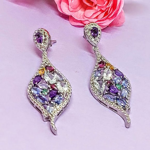 Unheated Natural Blue Aquamarine 6x4mm & Amethyst 925‎ Sterling Silver Earrings - Picture 7 of 7